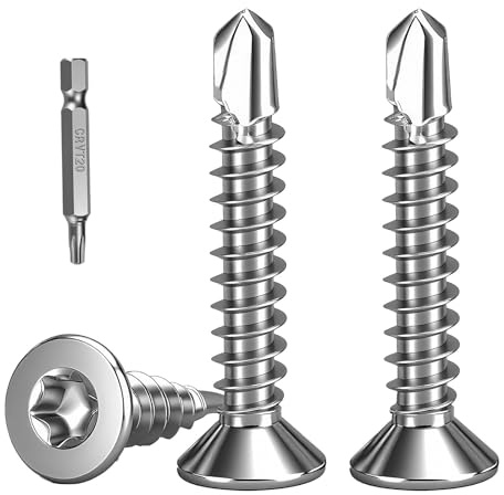 FandWay 100 Stück Torx Bohrschrauben,M4,2x38mm Senkkopf Selbstbohrende Schrauben,Flachkopf Selbstbohrschrauben,Edelstahl 410 Blechschrauben Metalldachschrauben Sortiment mit 1 TX20 Bits.