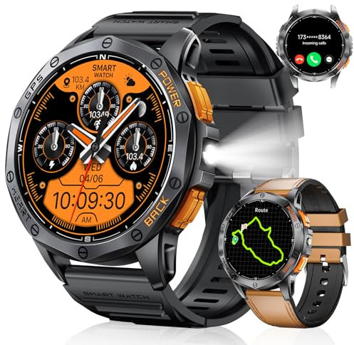 HIRREO GPS Smart Watch for Men with Compass LED Flashlight 1.43″AMOLED Smartwatch Bluetooth Call for Android iOS 530 mAh Big Battery Male Smart Watch,Heart Rate,Health Monitor,2 Watch Strap,Brown