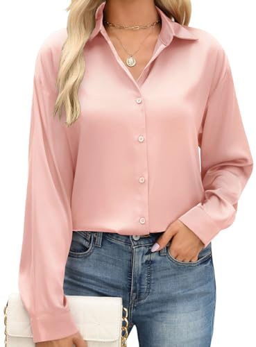 PASUDA Camicia Donna Elegante in Raso Camicetta con Bottoni Casual Maniche Lunghe Blusa Scollo a V Camicette Affari da Lavoro Tops Leggero Traspirante Shirts Moda Ampia Magliette