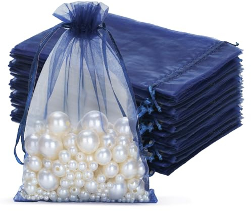 jijAcraft Navy Blue Organza Gift Bags: 13x18cm Organza Pouches, 50Pcs | Drawstring Garden Plant Protect Mesh Bags, Party Sweet Pouches for Wedding, Birthday, Christmas, Gift Wrapping
