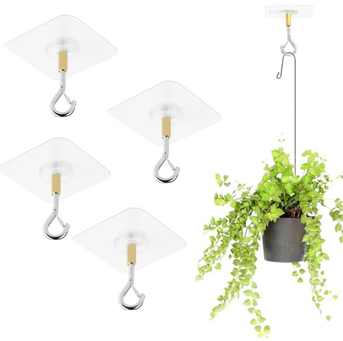 OIXEYA Crochet Plafond, 4 Pièces Crochets de Plafond Autocollants Sans Perçage, Crochet Adhesif Mural, pour Plantes Suspendues, pour Salle de Bain Cuisine Bureau Chambre