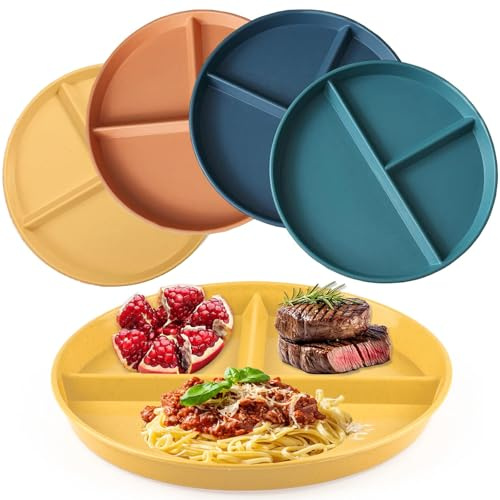 Piatti Piani Divisi,4 PCS Piatti Adulti Piatto Rotondo per Dieta Piatti di Plastica Rigida Lavabili per Adolescente e Adulti Piatto Porzionato Piatti Piani Riutilizzabili per Controllo Alimentare