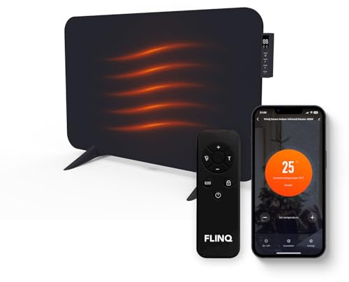 FlinQ 600W Smarte Infrarotheizung - Elektroheizung | Infrarot Wandheizung & Standgerät - Elektrischer Heizstrahler für Bad - Mit Thermostat - Schwarzes Panel