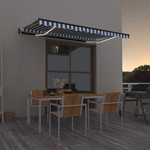 Owoxanthellate Tenda da sole a LED automatica, 400 x 350 cm, blu e bianco, con sensore di vento, per balcone, terrazza, giardino, robusto braccio articolato in alluminio, protezione solare per esterni