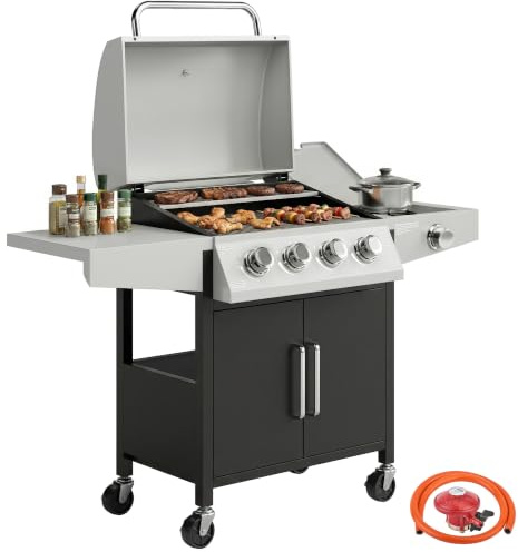 Outsunny 4+1 Burner Gas BBQ Grill with Side Burner, 14.5 kW Barbecue Grill | Steel, Portable, Built-in Thermometer, Lid, Side Table, Shelf, Cabinet, Spice Rack, Wheels, Garden, Party, Cooking