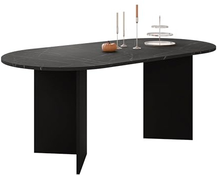 Mirjan24 Esstisch Gelizo mit ovaler Tischplatte (Schwarz/Marmor Schwarz) | Großzügiger Esstisch mit asymmetrischem Untergestell und 22 mm starker Tischplatte, L/B/H: 185/90/75 cm
