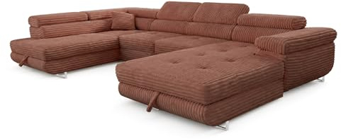 SOFILAND Cordo U XXL Wohnlandschaft mit Schlaffunktion und 2 Bettkästen - Breitcord Tilia - U-Form Sofa (Terrakotta, Linke Seite)