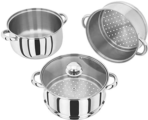 Judge Essentials Stainless Steel 3 Tier Steamer 22cm, Vented Glass Lid, Integral Casserole Pot, Oven Safe, Induction Ready