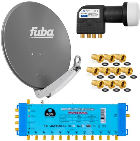 FUBA 12 TEILNEHMER DIGITAL SAT ANLAGE DAA650A + Profi LNB 0,1dB Full HDTV 4K + PMSE Multischalter 5/12 + 35 Vergoldete F-Stecker Gratis dazu