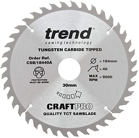 Trend Wood Circular Saw Blade, 184mm Diameter, 30mm Bore, 40 Teeth, 2.6mm Kerf, +15° Hook, TCT, Fine Finish, CSB/18440A