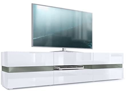 Vladon Lowboard Flow, Made in Germany, TV-Kommode mit Ambient Light Verglasung mit 2 Türen, 1 Schublade und 1 Klappe, Weiß Hochglanz/Weiß Hochglanz (177 x 45 x 39 cm)