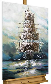 KunstLoft Leinwandbild | 100% HANDGEMALT | 60x90cm | Gemälde 'Ahoi Piratenschiff' | Schiffe & Boote | Blau | Wandbild Wohnzimmer