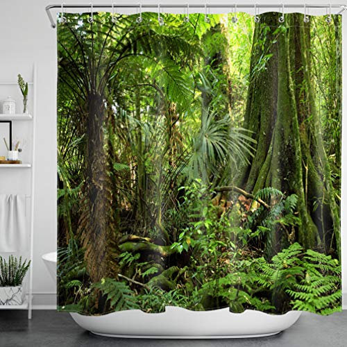 LB Jungle Rideau de Douche Imperméable Anti Moule Tropicale Forêt Vert Feuilles Rideau de Bain avec Crochets,180x180cm Polyester Salle de Bain Décor
