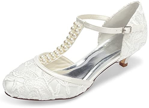 JIAJIA 01129 Women's Bridal Shoes Closed Toe T-Strap 1.8'' Low Heel Lace Satin Pumps Imitation Wedding Shoes Colour Ivory,Size 7 UK/41 EU