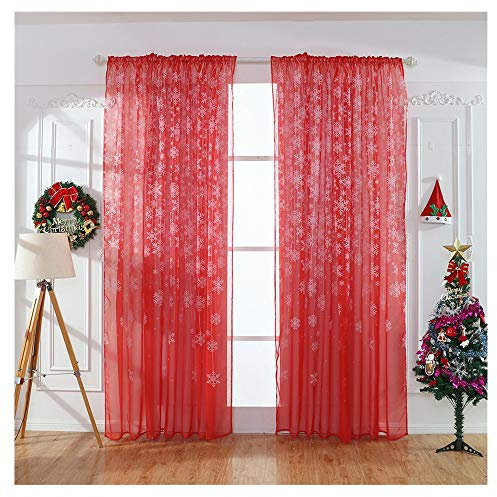 kingko 1 STÜCKE Weihnachten Schneeflocke Vorhang Tüll Fenster Behandlung Voile Drape Valance Vorhänge Transparent Schlaufenschal Gardine Dekoschal Voile für Schlafzimmer Wohnzimmer (Rot)
