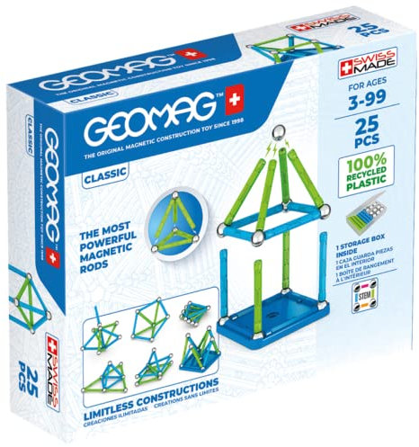 Geomag Classic - 25 Teile - Magnetisches Konstruktionsspielzeug für Kinder - Green Line - Lernspiel aus 100% Recyclingkunststoff