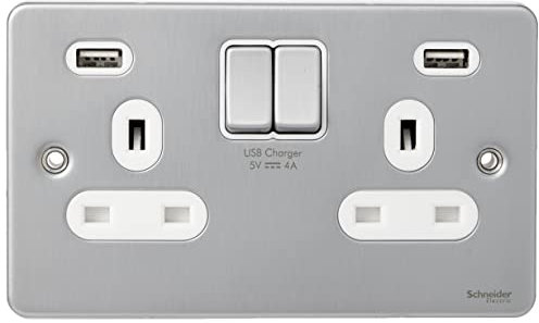 Schneider Electric Ultimate Low Profile – Prise d'alimentation double interrupteur, double pôle, 13 A, avec ports de charge USB, GGBGU3524DWBC, chrome brossé avec insert blanc