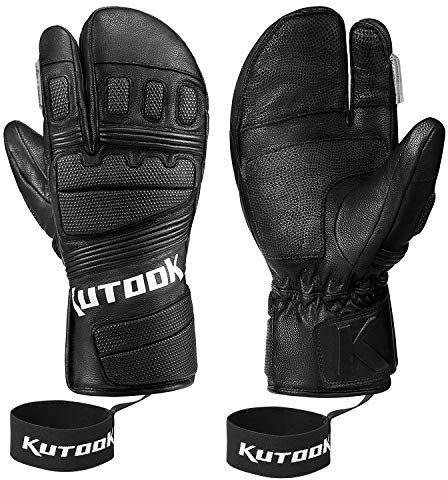 KUTOOK Skihandschuhe Herren Damen Fäustlinge Winter Handschuhe Snowboardhandschuhe Thermo Ziegenleder 3M Thinsulate Wasserdicht Winddicht für Ski Snowboard Wintersport Schwarz, S (GS515)