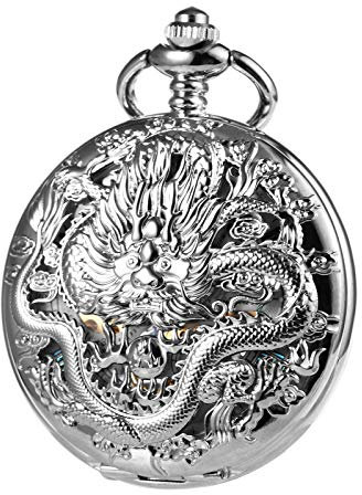 TREEWETO Taschenuhr mit Kette Herren Analog Mechanisch Handaufzug Doppelscharnier Antik Drache Römische Ziffern Silber