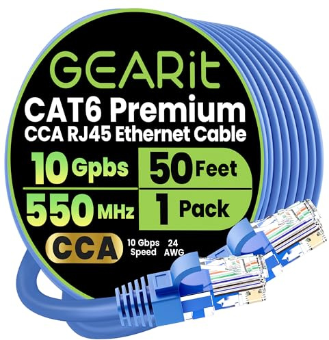 GEARit Cat 6 Ethernet Cable CCA (50 feet) LAN Network Cord, UTP, Internet, Network Cable - Supports Cat6 / Cat5e / Cat5 Network Standard - Blue, 50ft