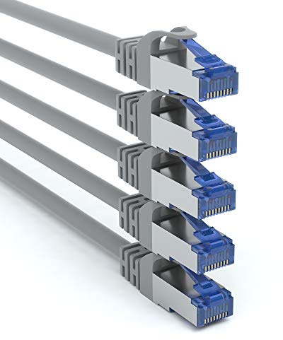 JAMEGA - 5 Stück - 0,5m CAT 7 Netzwerkkabel Gigabit Ethernet LAN Kabel in grau | 10000 Mbit s | Patchkabel Cat.7 Rohkabel SFTP PIMF Schirmung RJ45 Stecker | Switch Router Modem Access Point