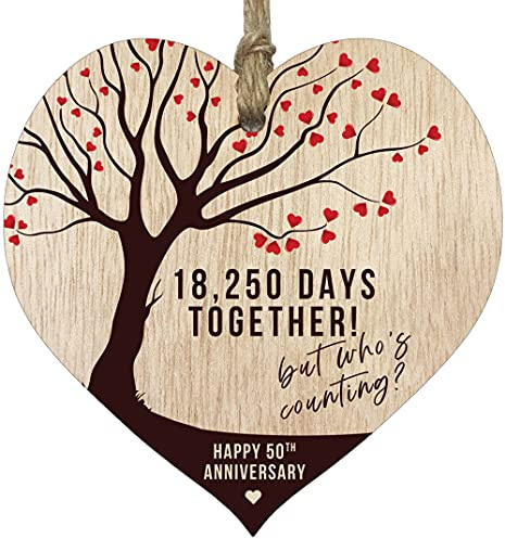50th Wedding Anniversary Wooden Heart Plaque, Light Wood Sign Keepsake, Celebrate Golden Anniversary Wife Husband Boyfreind Girlfriend Mum or Dad, Plaque with Quotes Gifts from the Kids