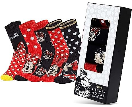 Disney Stitch Damen Socken, bunte warme Strümpfe mit Motiv, Geschenke für Frauen, Teenies, 5er-Pack (35-41 EU, Rot/Schwarz Minnie Mouse)
