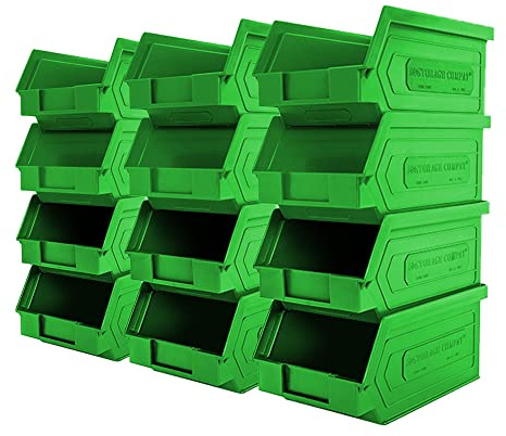 12 Pack Small Storage Bin, Wall Mount Storage, Hanging and Stacking Bin, Freestanding | 7” x 4” x 3” Plastic Container | Green | Zeus 1PLZ02 | StorageCompat