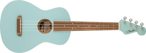Fender Avalon Tenor-Ukulele für Erwachsene und Kinder, Eschenholz-Konstruktion, Walnuss-Griffbrett, Klassischer Fender Stratocaster Kopf, in Daphne Blau