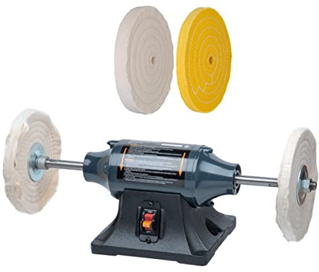 POWERTEC Bench Buffer Buffing Machine 8 Slow Speed Bench Grinder, Jewelry Buffer Polisher Machine, Includes 4PCs 80Ply Buffing Wheels | Long Shaft Benchtop Buffers Polishing Silver, Jewelry - BF800C