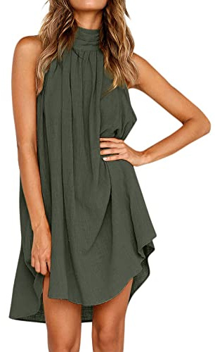 QKEPCY Vestido Elegante Mujer Vestido Sin Mangas Vestido Corta Casual Gasa Top Cuello Redondo Blusa Informal Casual Dress (Verde L)