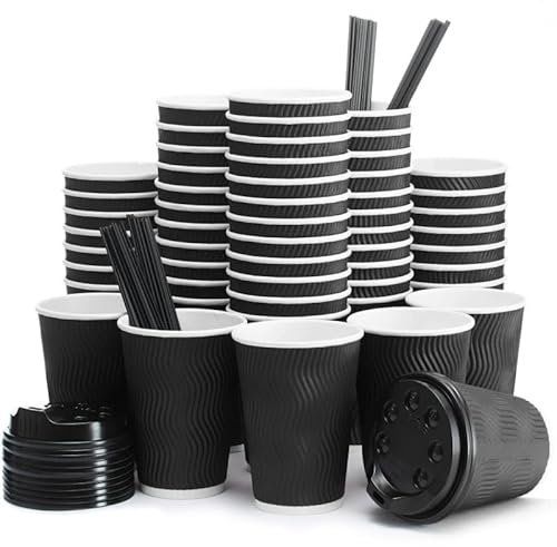 A406 8oz Disposable Paper Cups Ripple Cups Black, 3ply Kraft Coffee Cups Paper Coffee Cup with Lid Tripple Insulated Coffee Cups x 100 (Black, with Lid)