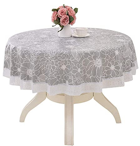 Qililandiy 180cm Tischdecke Abwaschbar Rund Tischtuch Wasserdicht Pflegeleicht Tischdeko mit Lace Verzierung für Wohnzimmer Party Küche Esszimmer (Grau)