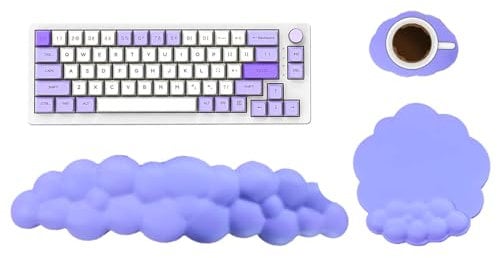 HTT GLOBAL Cloud Wrist Rest Set with Mouse Mat & Cup Coaster - Purple Keyboard Wrist Rest Palm Rest for Pain Relief - Soft Non-Slip Arm Rest for Desk - Ergonomic Desk Wrist Support for Office (3Pcs)