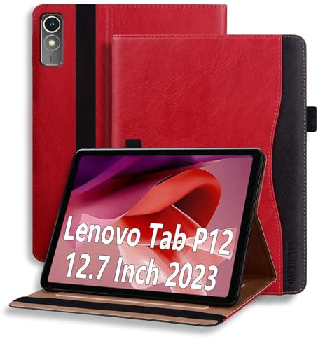 ONETHEFUL Case for Lenovo Tab P12 12.7 Inch Tablet Premium PU Leather Folding Stand Protective Case with Pen Holder and Document Slots, Lenovo Tab P12 2023 TB370FU Car Sleep/Wake Red