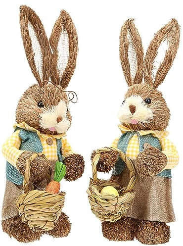 AOKWAWALIY Lot de 2 lapins faits à la main en paille - Ornements d'animaux - Rembourrage - Lapin de Pâques debout - En sisal - Sculpture d'animaux - Paille - Statue de lapin de Pâques - Poupée -