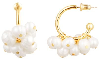 Perlen Ohrringe Gold, Perlen Creolen 18K Vergoldet mit Süsswasser Perlen, Ohrringe Damen Gold für Frauen & Mädchen
