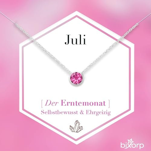 Bixorp Geburtsstein Halskette mit Zirkonia-Anhänger Juli - Edelstahlkette mit rundem Zirkonia-Kristall - Juli/Rubin - Silber