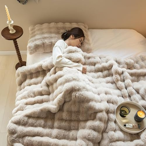 Bubble Decke Faux Kaninchenfell Decke Kuscheldecke Flauschig Flauschige Decke Doppelgesicht Dicke Decke Fell FüR Bett Sofa Kuscheldecke Casual Decke (Kamel,160 * 200cm)