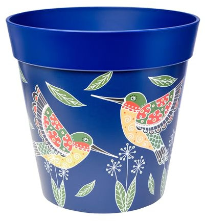 Hum Flowerpots, 25cm, Various Patterns Colours and Sizes, Indoor/Outdoor Plastic Plant Pot, Blue Hummingbirds