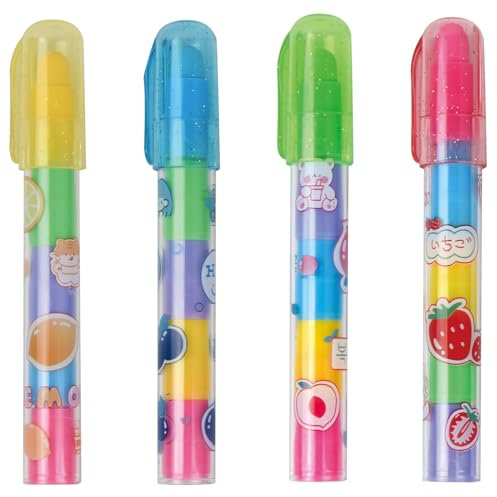4 Stück Stift Stil Radiergummis Stiftförmige Schiebbare Radiergummis in Obst Stil Ästhetische Radiergummis 5 Farben, Stapelbar, für Künstler Schreibwaren Geburtstag Geschenke Bürobedarf