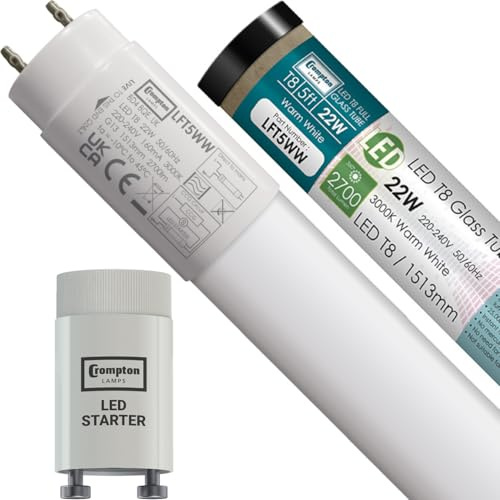 Crompton Lamps T8 LED Tube 5ft 1513mm 22W 3000K Warm White with Starter | Replacement for 58W Fluorescent Light Tubes G13 Tube Light, Ceiling Strip Light for Kitchen, Office, Workshop & Garage Lights