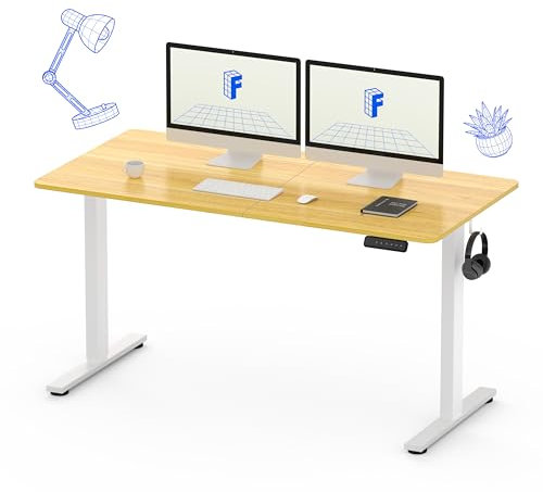 FLEXISPOT höhenverstellbarer Schreibtisch elektrisch 140x60cm, Schreibtisch höhenverstellbar 2-stufige mit Haken und Sitz-Steh-Erinnerungs - QN1 Basic(ahorn, weiß Gestell)