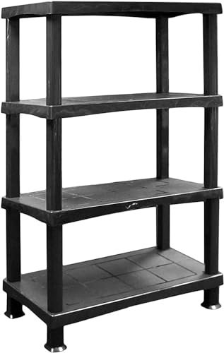 ALEEZ Black 4-Tier Plastic Shelving Unit - Storage Racking Shelves for Home, Garage, Shelf Shed, Warehouse, Utility Room - Easy Push-Fit Assembly, No Tools Required, Size: H 135cm x W 80cm x D 40cm
