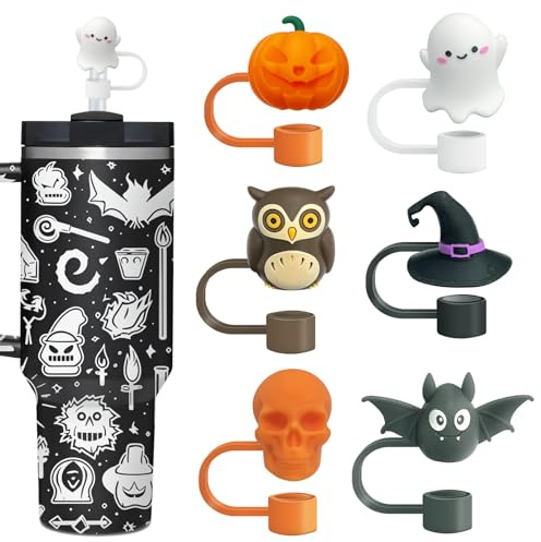6PCS Halloween Straw Covers Cap for Stanley Cup, 10mm Straw Covers for Stanley Tumblers Accessories, Reusable Straw Stoppers for Straws Tip Lids for Halloween Party
