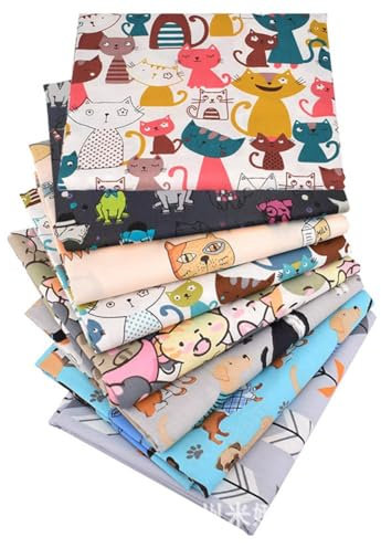 BrightGlow 8 Stück 50x40cm Baumwollstoff Meterware 100% Baumwolle Stoffbündel Patchwork Stoffpaket Stoffreste zum Nähen Quiltenstoffe Baumwolle Tuch Katzen & Hunde