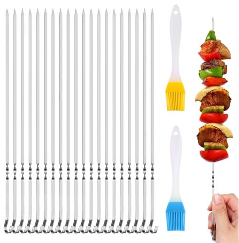 Kebab Skewers Metal, 24 Pcs Metal Skewers 30CM, BBQ Kebab Rack, Stainless Steel BBQ Grilling Skewers, Flat Reusable Barbecue Shish Kebab Stick for Outdoor Barbecues, Family Gatherings