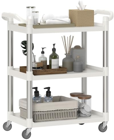 HOMCOM Carrito Auxiliar con Ruedas de 3 Niveles 88x44x93 cm Blanco | Marco de Aleación de Aluminio, Carrito de Cocina, Carga de 35 kg por Estante, para Comedor Sala Baño