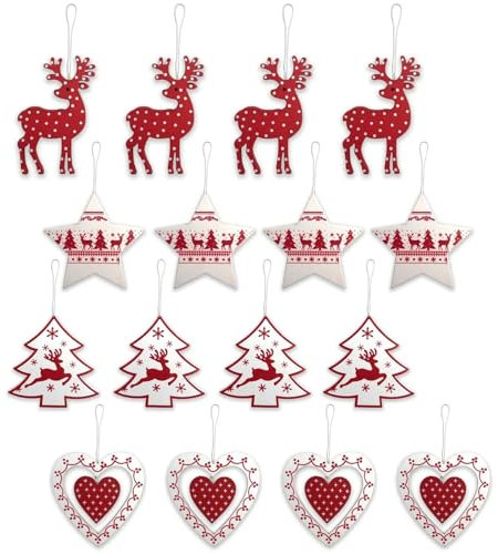 16 x Red & White Wooden Christmas Tree Hanging Baubles - Nordic Pendant Decorations for Festive Holiday Decor - Rustic Christmas Ornaments for Home Decoration