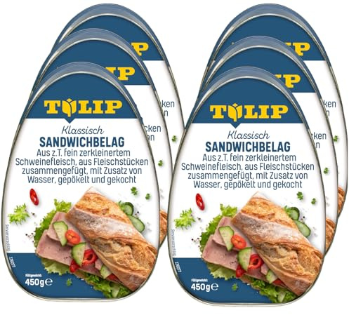 TULIP 6x 450 g Sandwichbelag aus Schweinefleisch | Frühstücksfleisch in Dosen | Zartes Fleisch in der Konserve | Saftiger Brotbelag | Ideal für Ihre Sandwich-Kreationen
